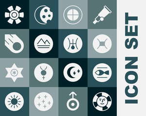 Set Sun, Pisces zodiac, Gemini, Earth globe, element, Comet, and Symbol Uranus icon. Vector