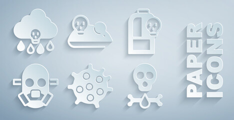Set Bacteria, Beaker with toxic liquid, Gas mask, Bones and skull, Experimental mouse and Acid rain icon. Vector