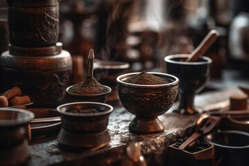 A global, coffee culture exploration, showcasing a variety of traditional coffee preparations and rituals from around the world. Generative AI