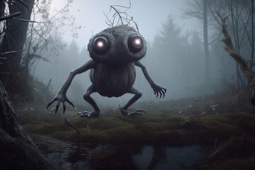 A whimsical illustration of a creature or character from a horror story in a spooky landscape, Generative AI