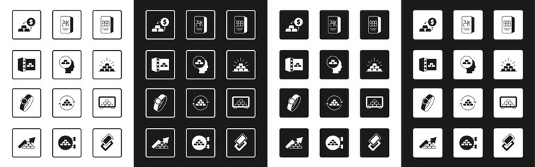 Set Gold bars 24k, Safe with gold, exchange money, and ring icon. Vector