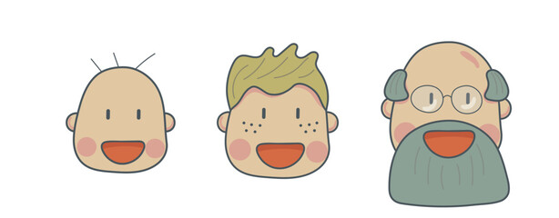 Set of icons of different age groups of people from infants to seniors. Smiling man on a white background. Set of color vector illustrations.