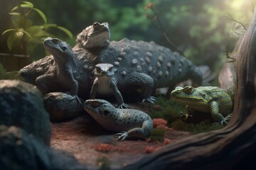 A detailed illustration of a group of reptiles, such as snakes or lizards, in their natural habitat, Generative AI