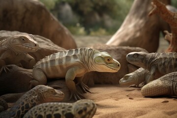A detailed illustration of a group of reptiles, such as snakes or lizards, in their natural habitat, Generative AI