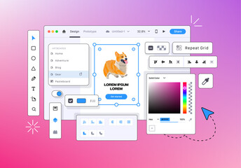 Program for Web Designers. Application for creating a Mobile Interface. Vector Design tool for mobile applications. UI-UX design development concept. Creating an Interface for Devices. Vector illustra