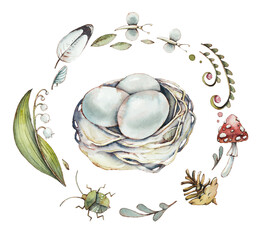 Nest with eggs. Watercolor hand drawn illustration - 593912438