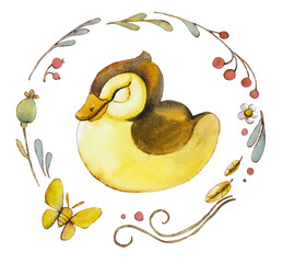 Sleeping Yellow Duck. Watercolor hand drawn illustration - 593912445