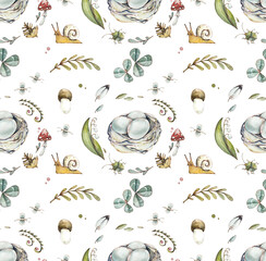 Forest Seamless Pattern. Watercolor hand drawn illustration
