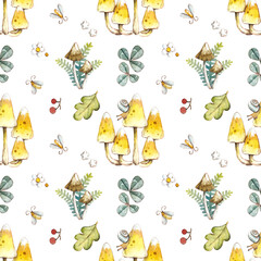 Forest Seamless Pattern. Watercolor hand drawn illustration