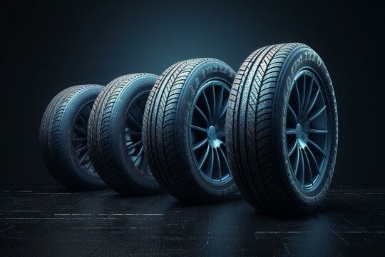 four all seasons tires with rims placed on a blue background. Generative AI