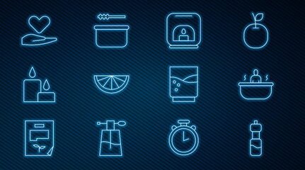 Set line Bottle of water, Bathtub, Aroma lamp, Citrus fruit, Burning candle, Heart on hand, Glass with and Sauna bucket ladle icon. Vector