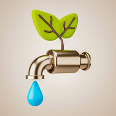 3d rendering of abstract water faucet with green leaves and water drop isolated on nude color background. 3d icon illustration. Water saving concept. 