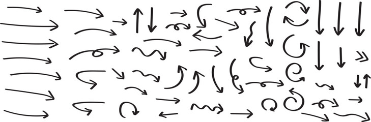 black hand drawn arrow set.Collection of hand drawn isolated arrows.Black doodle arrows..