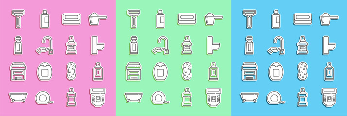Set line Epilator, Bottle for cleaning agent, Toilet bowl, Bar of soap, Washing hands with, Tube toothpaste, Shaving razor and Mouthwash bottle icon. Vector