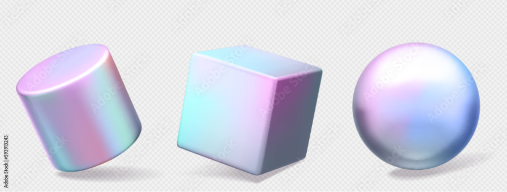 Poster 3d abstract figures of geometric shapes with gradient. hologram objects, sphere, cube and cylinder w
