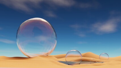 3D rendering big bubble on the small swamp and big desert.