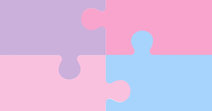 Simple puzzle animation on white background. the four pieces of the puzzle come together and then diverge.