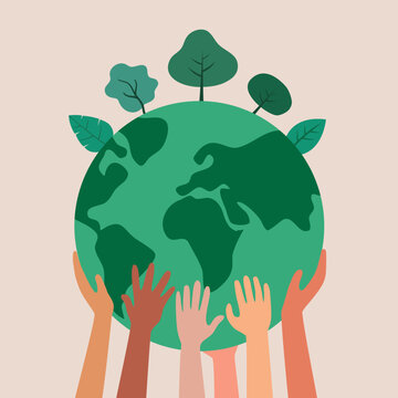 People hands holding green earth planet in flat design on white background.