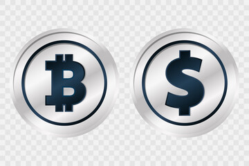 Bitcoin and US Dollar sign. Isolated vector illustration. Blockchain technology, cryptocurrency symbol. Virtual money icon for business, finance, digital global trade, payment
