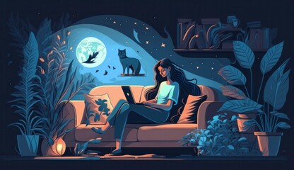 Brunette woman using a laptop sits on a sofa. Young freelancer with plants, a cat, and a sedentary lifestyle depicted in abstract concept art. 3D image with a blue background.Generative AI