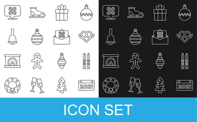 Set line Calendar, Ski and sticks, Pretzel, Gift box, Christmas ball, Merry ringing bell, Snowflake speech bubble and postcard icon. Vector