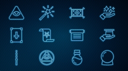Set line Magic ball, Magician hat in hand, carpet, Ancient magic book, Masons, and wand icon. Vector