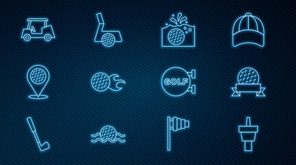 Set line Golf tee, ball, in water, Location golf sport club, car, and with icon. Vector