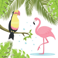Bright vector illustration. A toucan on a branch and a pink flamingo.