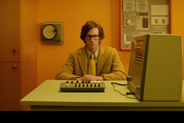Throwback to the 70s: Man Coding on Vintage Computer at Work .AI illustration.