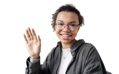 Video call gesture hello curly-haired woman in a white shirt, uses a video workplace camera, transparent background, isolated.