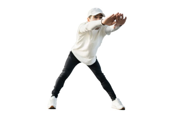 A man does exercises leaning forward, transparent background.