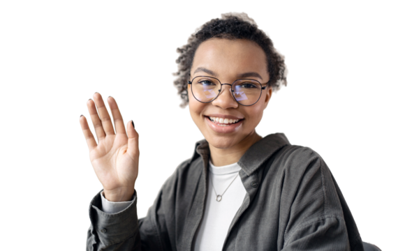 Video call gesture hello curly-haired woman in a white shirt, uses a video workplace camera, transparent background, isolated.