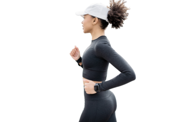 Jogging a woman is actively engaged in sports in fitness clothes, transparent background.