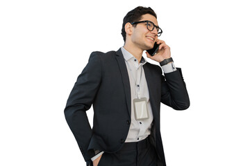 Uses the phone talking, goes to work businessman man in full height in a business suit manager, transparent background.