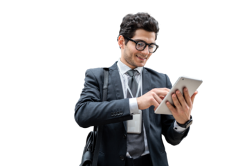 Uses a tablet to surf the Internet, a businessman goes to work, a man in a business suit manager, transparent background.