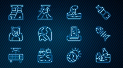 Set line Problem pollution of the ocean, Dead fish, Tsunami, Global warming, Polar bear head, Nuclear power plant, Petrol or gas station and Volcano eruption with lava icon. Vector