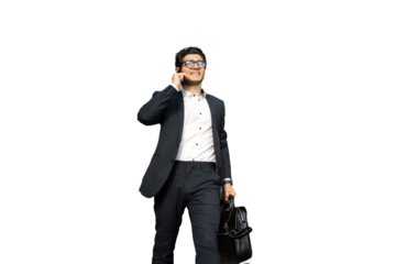 Uses the phone talking, carrying a briefcase goes to work businessman man in full height in a business suit manager, transparent background.