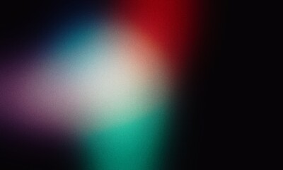 Red, white, blue illuminated spots on black, grainy gradient background, color noise texture effect, copy space. Abstract color gradient background, film grain texture, blurred orange gray.