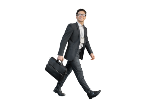 A businessman carrying a briefcase goes to work, a full-length man in a business suit manager, transparent background. - Powered by Adobe