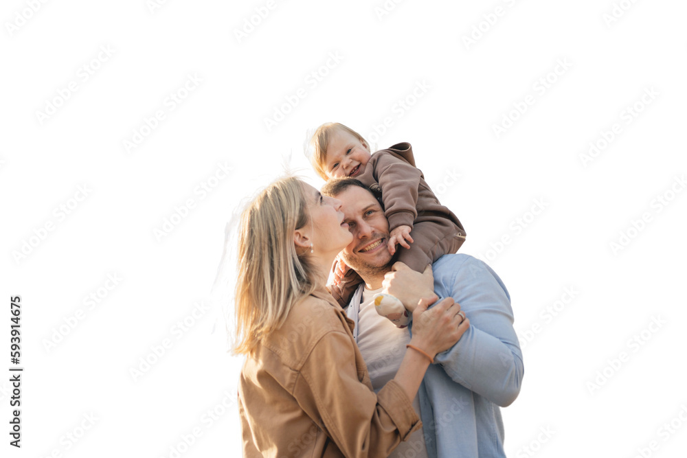 Wall mural Young happy family dad and baby playing together, transparent background.