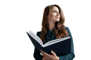 A student reading a textbook book in a woman dress, transparent background.