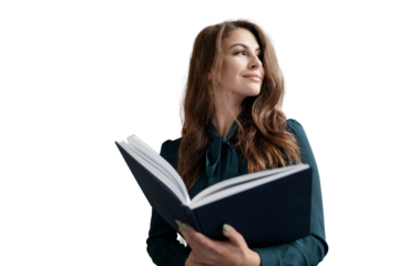 A student reading a textbook book in a woman dress, transparent background.