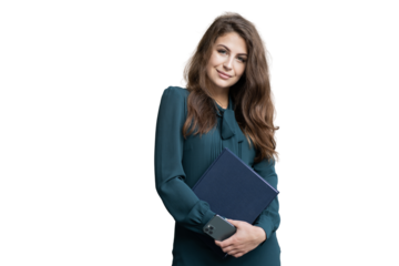A textbook reading a book is held in the hands of a student in a woman's dress, transparent background.