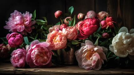 Obraz na płótnie Canvas Romantic bouquet of peonies in the interior. AI generated