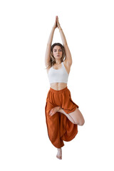 Fitness yoga instructor is a woman doing an asana exercise in comfortable clothes, transparent...