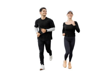 Man and a woman running a fitness marathon fast, a trainer in sportswear and full-length sneakers, Front view, transparent background.