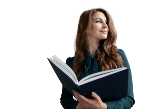 A student reading a textbook book in a woman dress, transparent background.
