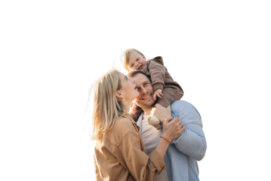 Young happy family dad and baby playing together, transparent background.