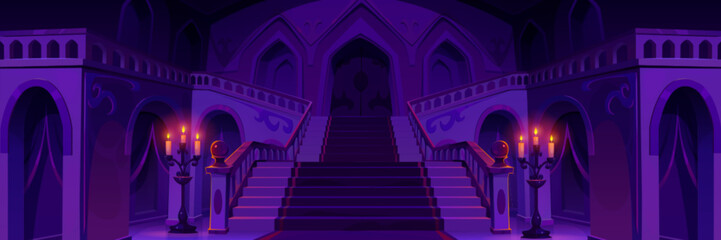 Royal palace hallway with stairs at night. Vector cartoon illustration of medieval castle interior design with carpet on staircase, chandeliers with candles, gothic door upstairs. Fairytale background © klyaksun