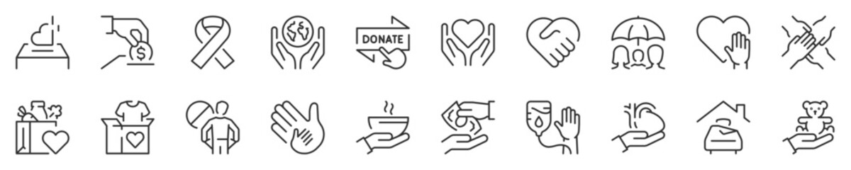 Line icons about charity and donations. Thin line icon set. Symbol collection in transparent background. Editable vector stroke. 512x512 Pixel Perfect.